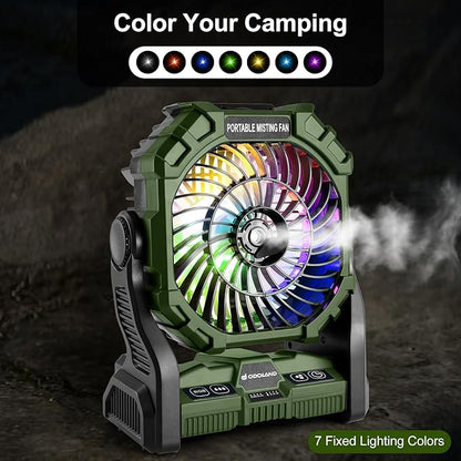 Odoland Portable Misting Fan with LED Light, 20000mAh Battery Operated Rechargeable Camping Mister Fan with 250mL Water Tank and Hook, Outdoor Tent Cooling Mist Fans for Patios Beach, Green