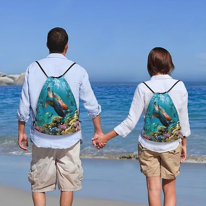 Sea Turtle Drawstring Bags Turquoise Drawstring Backpack Cute Fish Sackpack Draw String Cinch Bags for Sports, Gym, Travel, Swimming, Beach, Camping