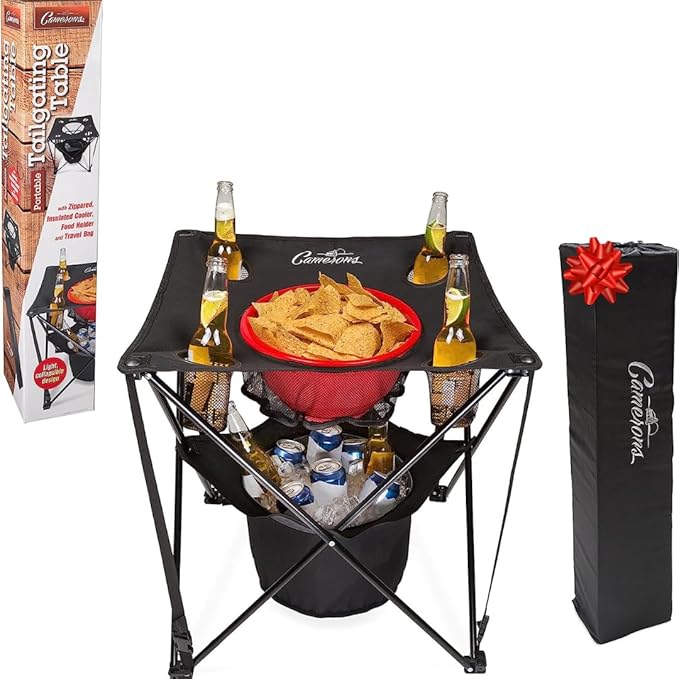 Camerons All-in-One Tailgating Table - Portable Folding Camping Table with Insulated Cooler, Food Basket, Cup Holders & Travel Bag - Collapsible Picnic Table for Fall Football Games & Outdoor BBQs