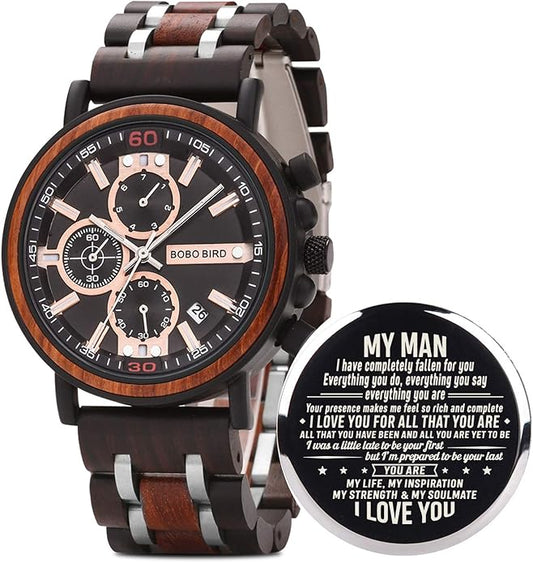 BOBO BIRD S18-1 Personalized Engraved Wood Watch Customized Wooden Watches for Husband Boyfriend Birthday Anniversary