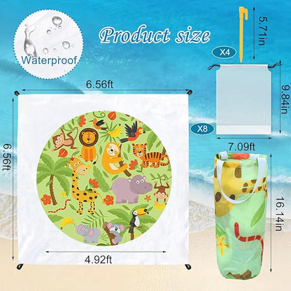 6.5 X 6.5 Ft Baby Beach Pool, 2 in 1 Portable Kids Beach Play Pool Puddle Toddler Beach Blanket and Kiddie Pools Green Cartoon Childs Sand Pit Paddling Pools with Water Bag for Boys Girls Outdoors