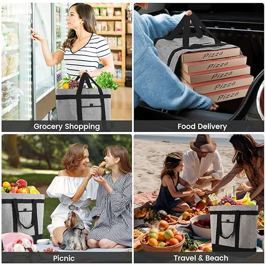 Soft Insulated Cooler Bag for Beach, Travel, Waterproof Large Reusable Insulated Cooler Tote Bag, Thermal Bag to Keep Foods Frozen, Cold and Hot, Groceries Shopping Bags with Zippered, Grey