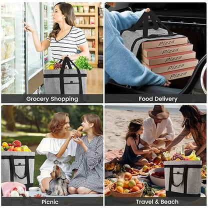 Soft Insulated Cooler Bag for Beach, Travel, Waterproof Large Reusable Insulated Cooler Tote Bag, Thermal Bag to Keep Foods Frozen, Cold and Hot, Groceries Shopping Bags with Zippered, Grey