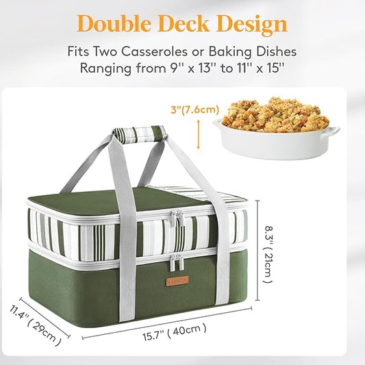 Double Decker Insulated Casserole Carrier for Hot or Cold Food, Lasagna Holder Tote for Potluck Parties/Picnic/Cookouts, Fits 9"x13" Baking Dish, Dark Green