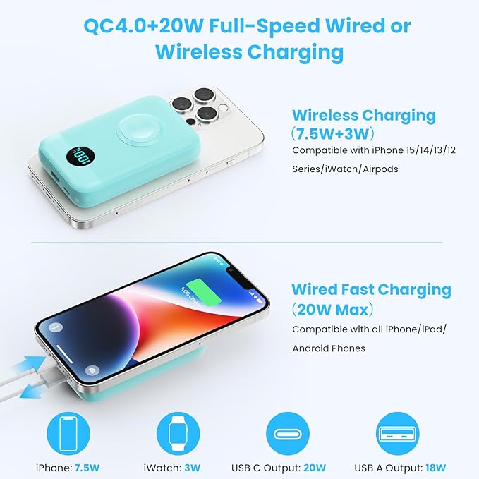 Magnetic Portable Charger 10800mAh,4-in-1 Wireless Power Bank with iWatch Charger, QC4.0+20W PD Fast Charging USB C Battery Pack with LCD Display for Magsafe,iPhone 16/15/14/13/12 Series, Green