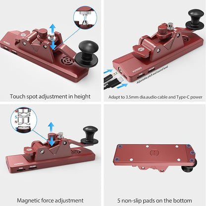Mini CW Key Morse Radio HAM Big Double Paddle Morse Code Key Aluminum Alloy Body with Speaker Base Red