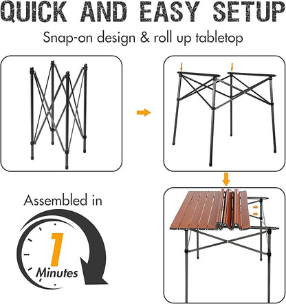 PORTAL Lightweight Aluminum Folding Square Table Roll Up Top 4 People Compact Table with Carry Bag for Camping, Picnic, Backyards, BBQ, Brown