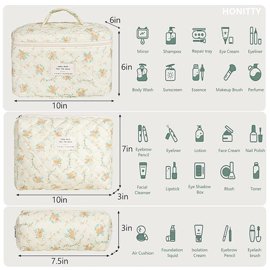Makeup Bag,Quilted Cosmetic Bags,Large Floral Make Up Organize bag,Makeup Bag Set for Women,Flower Travel Toiletry Bag