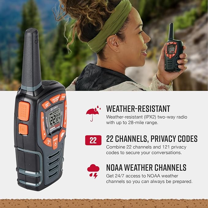 Cobra ACXT545 Weather Resistant Walkie Talkies for Adults with Compatible Cobra Surveillance Headset Microphone: Rechargeable, 22 Channels, Long Range, 2 Two-Way Radio’s, 2 Headsets, Black/Orange