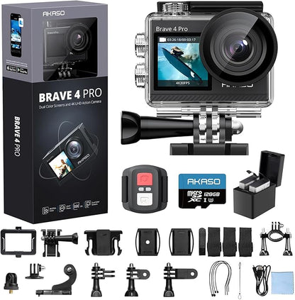 AKASO Brave 4 Pro 4K30 Action Camera with 128GB MicroSD U3 Card, 131FT Underwater Waterproof Camera EIS Touch Screen Remote Control with 2x1350mAh Batteries and Helmet Accessories Kit Bundle