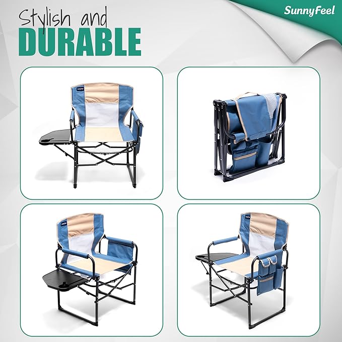 SUNNYFEEL Camping Directors Chair, Heavy Duty,Oversized Portable Folding Chair with Side Table, Pocket for Beach, Fishing,Trip,Picnic,Lawn,Concert Outdoor Foldable Camp Chairs