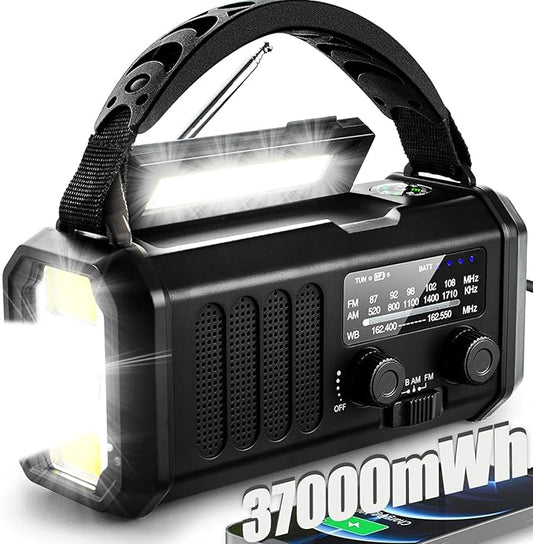 Hand Crank Emergency Radio,37000mWh Solar Powered Portable NOAA AM FM Weather Radio with 3Mode Flashlight and Reading Light,Cell Phone Charger,Home and Emergency Distress Signal (Black)