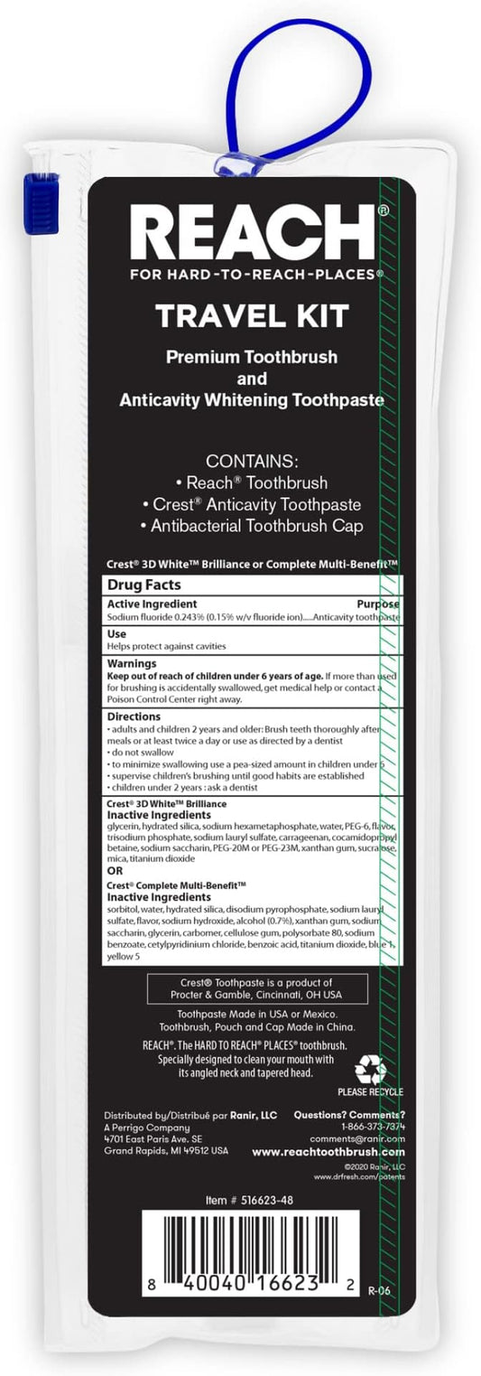 Reach Ultraclean Travel Kit Toothbrush with Toothbrush Cap and Toothpaste, Multi-Angled, Soft Bristles, TSA-Airport Friendly, Resealable, Portable and Reusable Bag