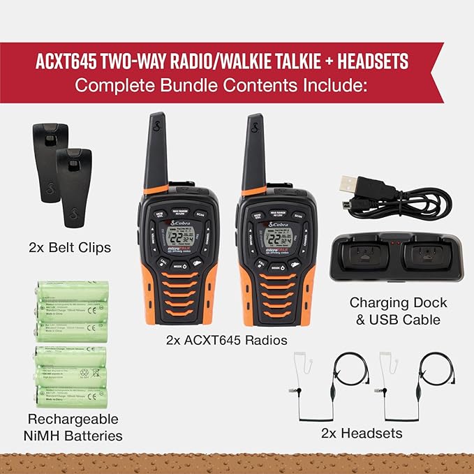 Cobra ACXT645 Waterproof Walkie Talkies for Adults with Compatible Cobra Surveillance Headset Microphone: Rechargeable, 22 Channels, 35-Mile Range, 2 Two-Way Radios, 2 Headsets, Black/Orange