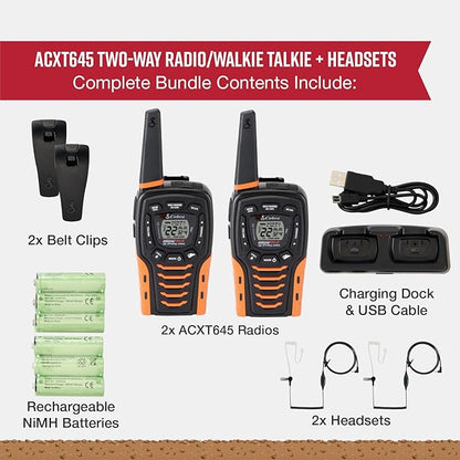Cobra ACXT645 Waterproof Walkie Talkies for Adults with Compatible Cobra Surveillance Headset Microphone: Rechargeable, 22 Channels, 35-Mile Range, 2 Two-Way Radios, 2 Headsets, Black/Orange