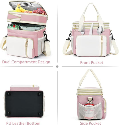 Lunch Box & Lunch Bag for Women, Large Insulated Adult Lunch Box Leakproof Lunchbox Cooler Bag for Work Picnic Beach,16L, Light Pink & White