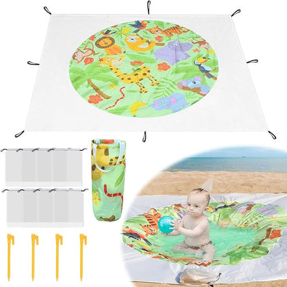 6.5 X 6.5 Ft Baby Beach Pool, 2 in 1 Portable Kids Beach Play Pool Puddle Toddler Beach Blanket and Kiddie Pools Green Cartoon Childs Sand Pit Paddling Pools with Water Bag for Boys Girls Outdoors