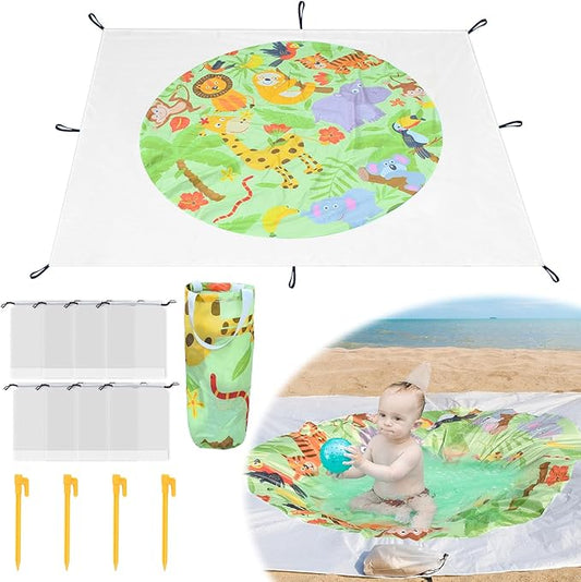 6.5 X 6.5 Ft Baby Beach Pool, 2 in 1 Portable Kids Beach Play Pool Puddle Toddler Beach Blanket and Kiddie Pools Green Cartoon Childs Sand Pit Paddling Pools with Water Bag for Boys Girls Outdoors
