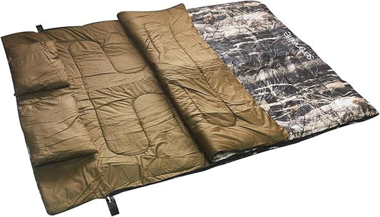 SereneLife Double Sleeping Bag with Pillows, Waterproof & Detachable for 2 Single Bags, Lightweight & Warm, Perfect for Camping, Hiking, Backpacking, and Cold Weather, Suitable for Temperatures 5-10°F