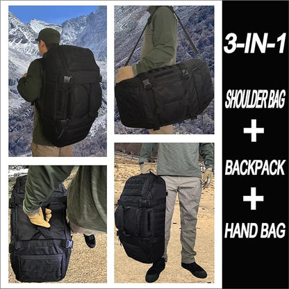 Travel Gym Duffle Bag Tactical, for Men Women Multi-functional Backpack,3 in 1 Shoulder Bag Backpack Handbag for Sports Hiking Camping, Water Resistant & Easy Clean (Black, 65L)