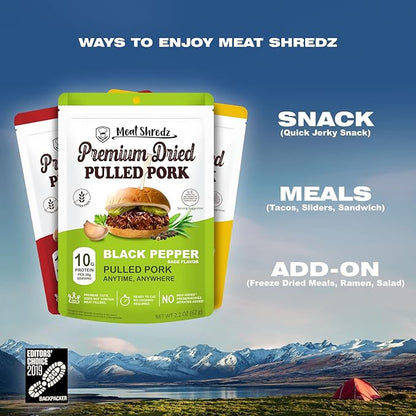 Meat Shredz - Premium Dried Pulled Pork (Sriracha Flavor, 4 Pack) | Gluten Free | High Protein & Low Sugar | Bacon Bits | Dehydrated Backpacking & Camping Food | Shredded, Dried Jerky Chew Snack