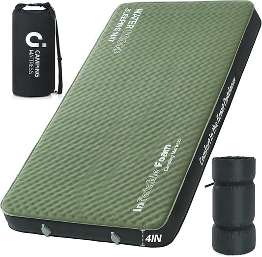 CYMULA Self Inflating Double Sleeping Pad, 4in Ultra-Thick Foam Camping Mattress 2 Person with Air Pump Sack Floor Bed for Adults Inflatable Sleeping Mat Camping Essentials for Travel, Army Green