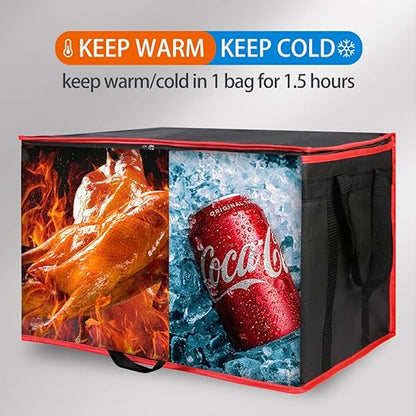Bodaon 3-Pack Insulated Food Delivery Bag for Hot and Cold Meal, XXXL Cooler/Thermal Bags, Grocery Tote Insulation Bag for Catering, Large Pizza Warmer, Black with Red Edge
