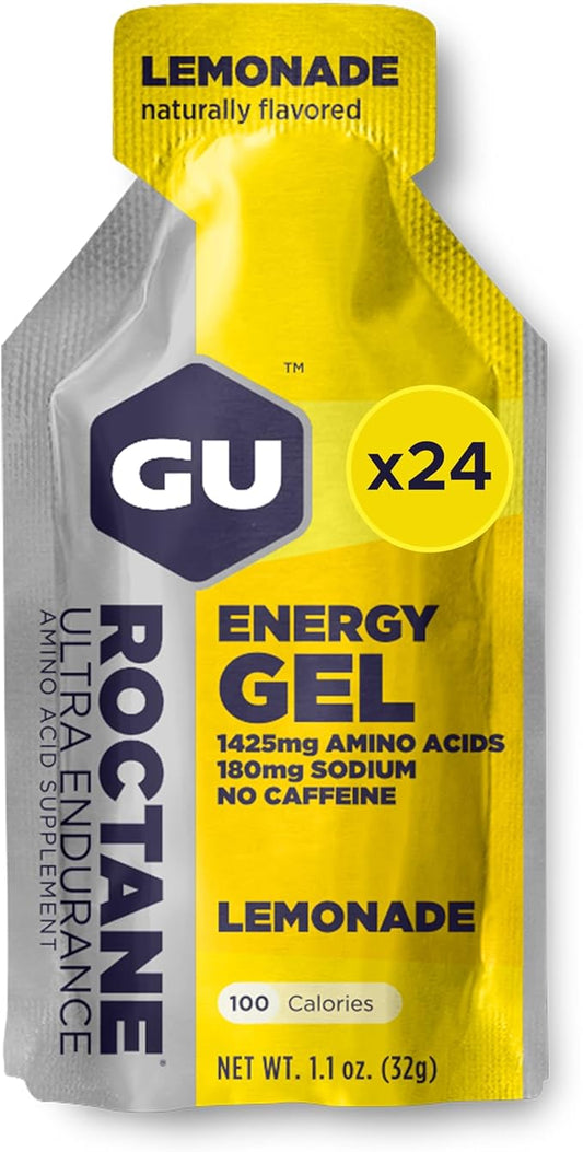 GU Energy Roctane Ultra Endurance Energy Gel, Vegan, Gluten-Free, Kosher, and Dairy-Free On-The-Go Sports Nutrition for Running, Biking, Hiking or Skiing, 24-Count, Lemonade