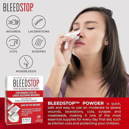 BleedStop™ First Aid Powder for Blood Clotting, Trauma Kit, Blood Thinner Patients, Camping Safety, and Survival Equipment for Moderate to Severe Bleeding Wounds or Nosebleeds - 4 (15g) Pouches
