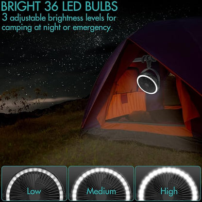 COMLIFE 10000mAh Rechargeable Camping Fan, 8-inch Battery Operated Tent Fan with Camping Light, Portable Fan with Flexible Tripod, Clip on Fan for Golf Cart, Grow Tent, Bunk Bed