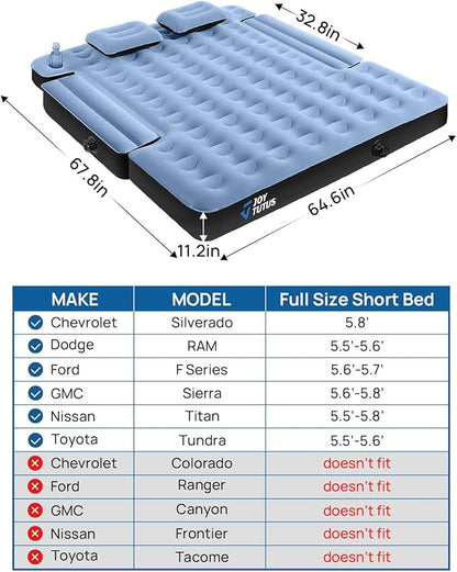 JOYTUTUS Truck Mattress for Camping, Air Bed with Inflatable Pillow for 5.5-5.8Ft, Full-Size Thicken Sleeping Pad with Cup Holder, Blow Up Bed for Car Truck Pickup F150, Grey Blue