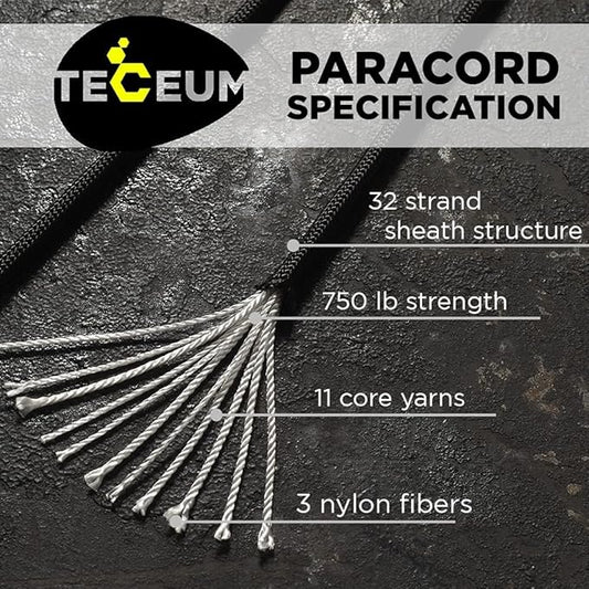 Bundle of 2 Items – TECEUM Paracord Type IV 750 lb Black 50 ft & Type III 550 Red (Fire) 100 ft – 4mm – Nylon Strong Tactical MIL–SPEC Parachute Cord – Survival Emergency EDC Camping Hiking Military