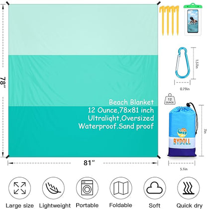 BYDOLL Beach Blanket Waterproof Sandproof 78''×81'' 1-7 Adults Oversized Lightweight Large Picnic Mat Waterproof Sandproof Blanket for Beach