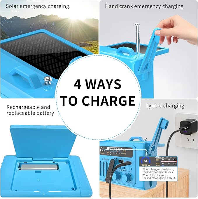 Solar Hand Crank Emergency Radio,NOAA/AM/FM with LED Flashlight & Reading Lamp,USB Type-C/Solar/Hand Crank Charging,Bluetooth Speaker,SOS Alarm&Compass for Camping Indoor Outdoor Emergencies