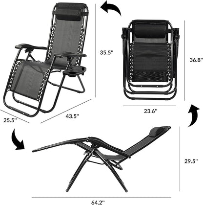 Zero Gravity Chair Set of 2 with Cup Holder & Removable Pillows, Adjustable Reclining Outdoor Patio Folding Chairs Portable Lounge Chair Furniture for Poolside, Lawn, Beach, Camping