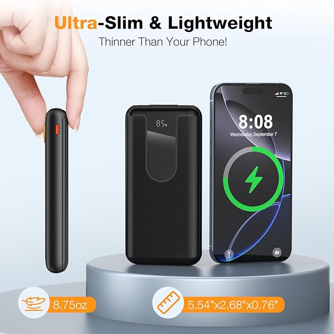 Portable Charger 10000mAh, Cell Phone Portable Power Banks with 22.5W PD Fast Charging,Built in Cables,5 Outputs 3 Inputs,Travel Essential,for iPhone, iPad,Android,Google, and More(Black)