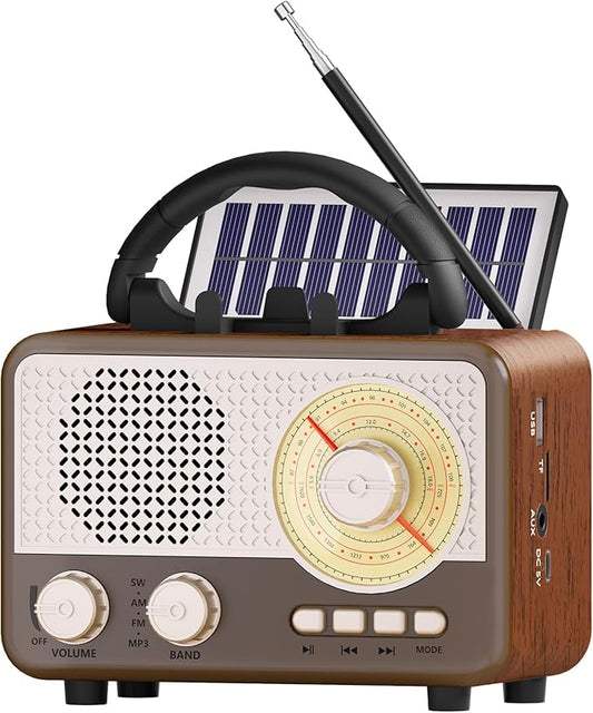 Radio Portable AM FM SW Bluetooth Speaker Vintage Radios with Phone Stand TF Card/AUX/USB Small Retro Radio Battery Powered&Solar for Outdoor Old Vintage Decor Birthday Gifts for Women,Men,Dad