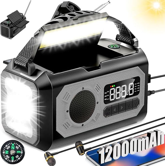 44400mWh/12000mAh Emergency Radio, Hand Crank Portable Solar Radio AM/FM/NOAA Weather Radio with 2 Solar Panels,3 Charging Methods,SOS Alarm,Flashlight,Phone Charger,Compass,Reading Lamp