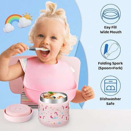Insulated Food-Jar with Thermal Bag - 12 oz Wide Mouth Leak-Proof Stainless Steel Vacuum Soup Lunch Thermo Bowls w/Folding Spoon for Girl Kids, Hot Food Lunch Container for 8H Hot & 12H Cold