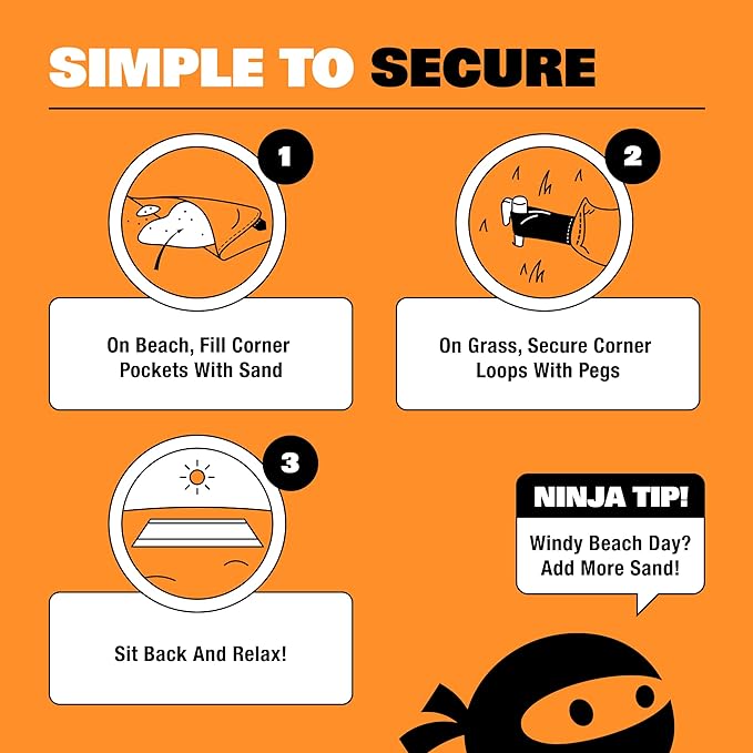 SUN NINJA Sand-Free Beach Blanket - 10ft X 9ft Lightweight Outdoor Blanket with Storage, Bottle Opener, Carabiner, Shoulder Strap, Corner Sand Pockets & 4 Stakes