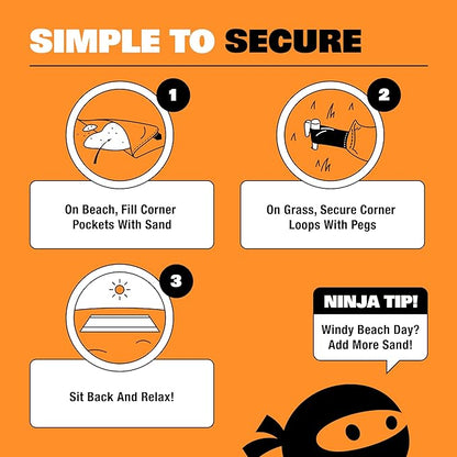SUN NINJA Sand-Free Beach Blanket - 10ft X 9ft Lightweight Outdoor Blanket with Storage, Bottle Opener, Carabiner, Shoulder Strap, Corner Sand Pockets & 4 Stakes