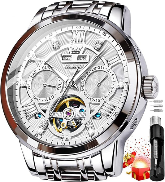 OLEVS Mens Automatic Watches Gold Luxury Diamond Dress Self Winding Mechanical Skeleton Tourbillon Stainless Steel Wrist Watch