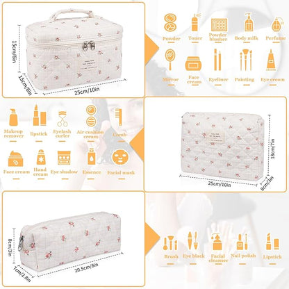 Makeup Bag Set, Quilted Makeup Bag, Large Floral Cosmetic Bag for Women, Cute Cotton Makeup Bags, Flower Travel Toiletry Organizer Bag(Plaid Floer)
