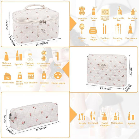 Makeup Bag Set, Quilted Makeup Bag, Large Floral Cosmetic Bag for Women, Cute Cotton Makeup Bags, Flower Travel Toiletry Organizer Bag(Plaid Floer)