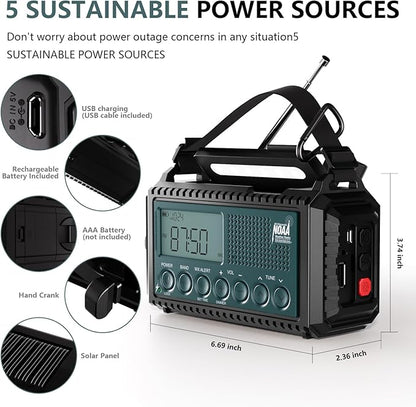 NOAA Emergency Weather Radio with Auto Alerts, 5000mAh Solar Hand Crank AM/FM/SW Shortwave Radio with Flashlight, Reading Lamp, Phone Charger, SOS Alarm, Survival Gear, Time Clock & Large LCD Display