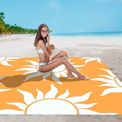 Large Beach Blanket Waterproof Sandproof, 9×10 FT Beach Mat Sand Free for 2-8 Adult with Stakes and Sand Pocket, Foldable Picnic Blankets for Outdoor, Camping Hiking, Vacation Essentials-Boho Sun Rise
