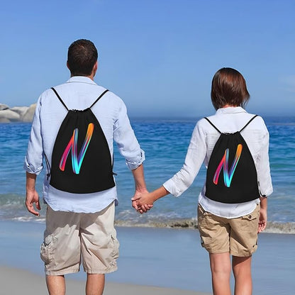 Drawstring Bags Initial Drawstring Backpack Sackpack Black Draw String Cinch Bags for Sports, Gym, Travel, Swimming, Beach, Camping, Rainbow Letter N