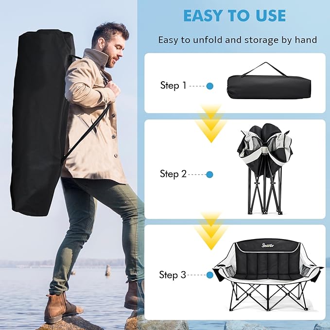 Double Camping Chair for Adults Outdoor Folding Chair with 2 Cooler Bags Support 500lbs Heavy Duty Camp Chair for Outdoor Sports Beach - Black&Grey