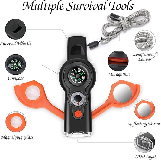 7-in-1 Emergency Survival Function Whistle, Outdoor Multifunctional Tool Safety Whistle with Lanyard, Ideal for Kayaking, Boating, Hiking, Camping, Climbing, Hunting, Fishing, Rescue Signaling
