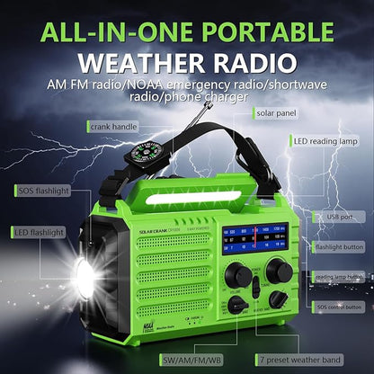NOAA-Certified Emergency Weather Radio, AM/FM Portable Solar Hand Crank Powered with Flashlight & Reading Lamp for Emergency, Rechargeable Battery, SOS Alarm, Cell Phone Charger for Outdoor & Home Use